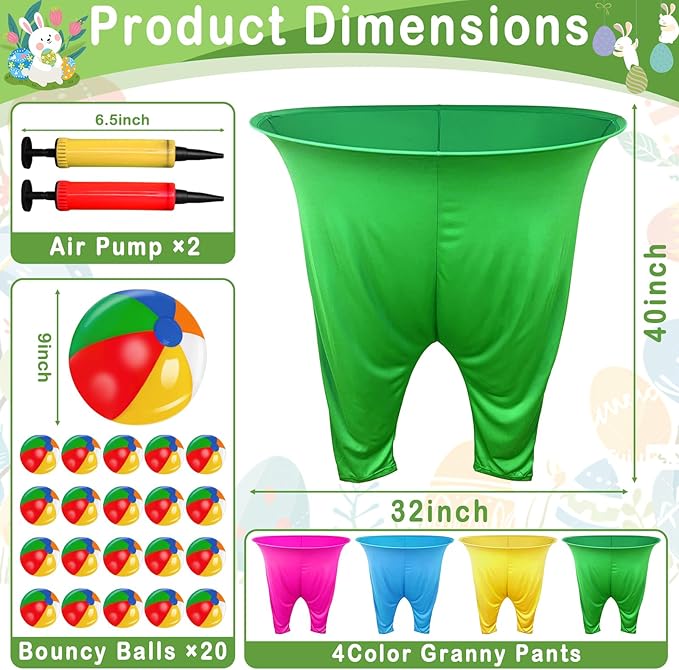 11 PCS Granny Pants Yard Game Easter Games Set, Oversized Blue & Yellow Pants With 8 Colorful Bouncy Balls & 1 Air Pump, Outdoor Tossing Games For Adults Family Easter Carnival Party Reunion Gathering
