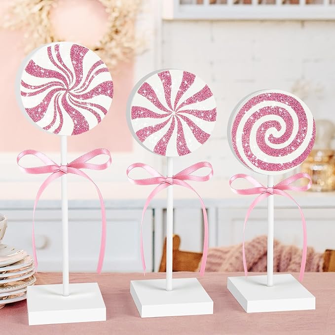 3 Pieces Christmas Table Decorations Wood Candy Set, Pink Christmas Tiered Tray Decor,Rustic Candy Table Decorations for Home Tables (Pink)