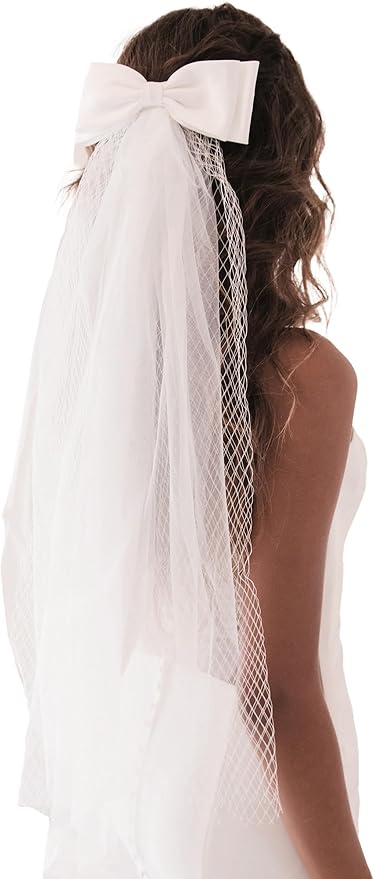 Bridal Veil Bachelorette Party Veil White Bow Wedding Veil Elegant Tulle Layer Hair Clip for Women and Girls