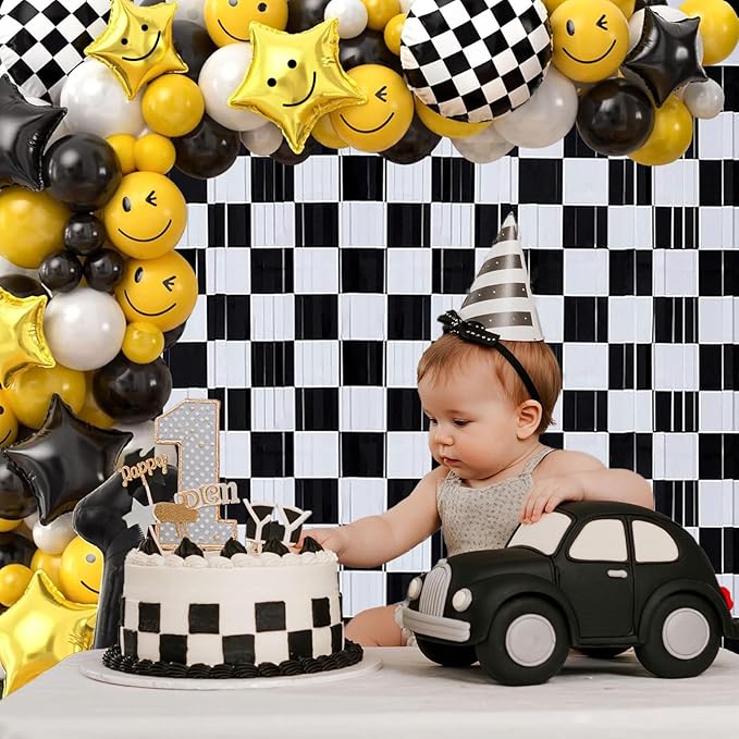 Race Car Foil Curtains 3.28x6.56ft - Vibrant Checkered Decor for Race Car Birthday Party Decorations & One Happy Dude Birthday Celebrations! - 2 Packs