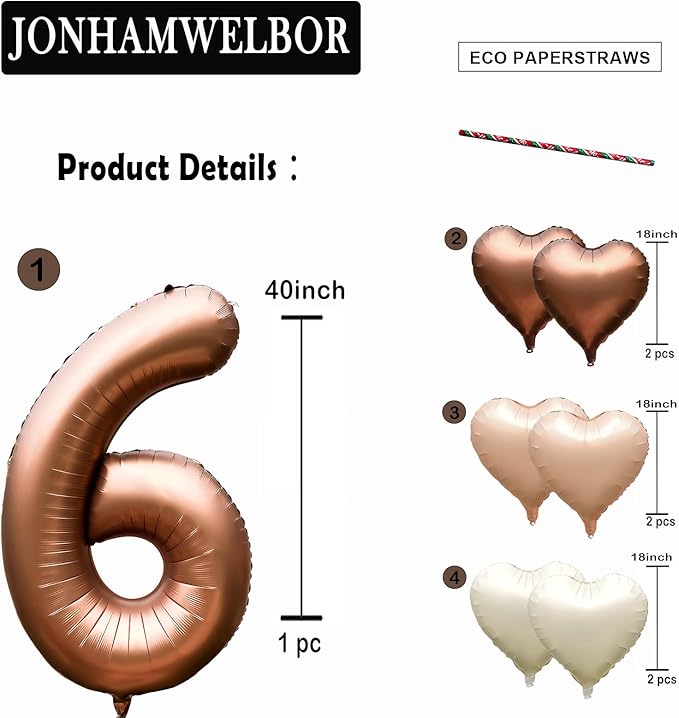 Jonhamwelbor 40 inch Brown Number 6 Balloon Large Big Giant Jumbo Helium Number Foil Mylar Balloon with Heart Balloons for Six Year Old Girl Boy 6th Birthday Party Decoration (40 inch Brown 6)