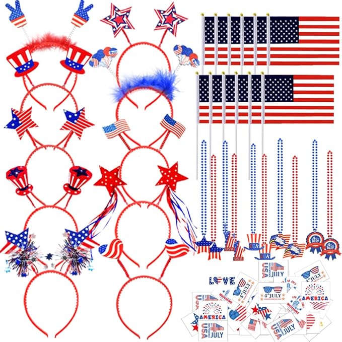 UMEELR 104 Pcs Patriotic Party Supplies, 4th of July Accessories with Necklaces Headbands Flags Tattoo Stickers for Independence Day Celebration Decorations