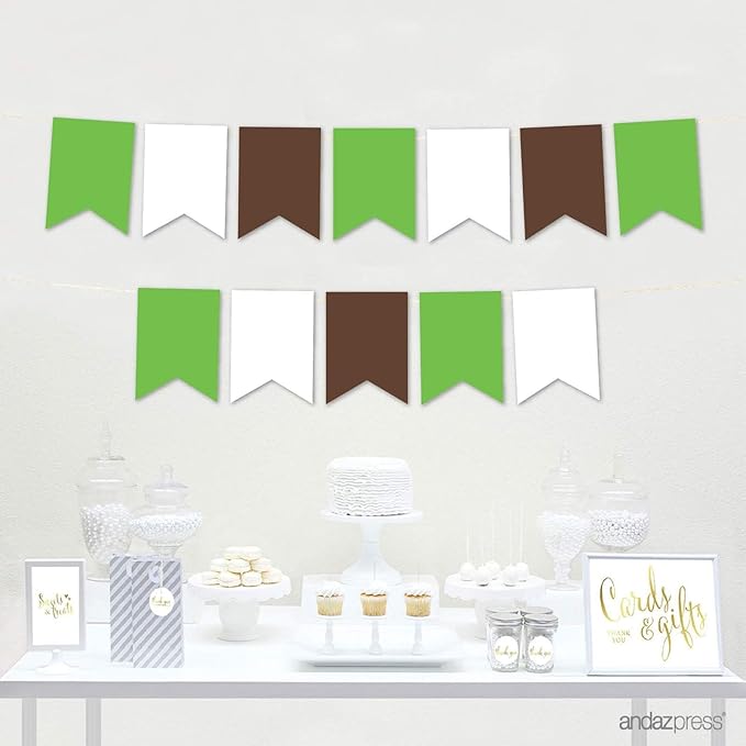 Andaz Press Hanging Pennant Banner with String, Kiwi Green, Brown, White, 1-Set, 24 Pennants, Approx. 12-Feet Long, Woodland Theme Colored Supplies
