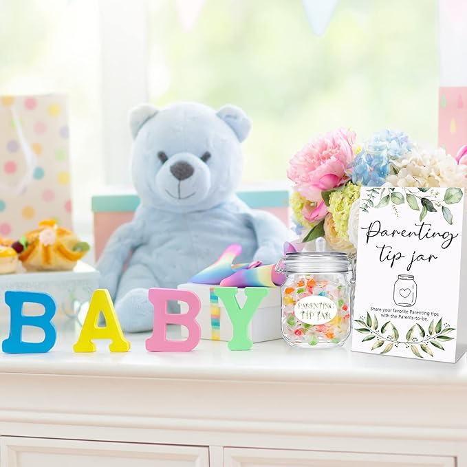 Roowest Baby Shower to Baby Advice Cards for New Parents to Be - Tip Jar Sign for New Parents 60 Parenting Advice Cards 10 HB Pencils 2 Cute Stickers 1 Pet Bottle for Guests Games(Leaf)