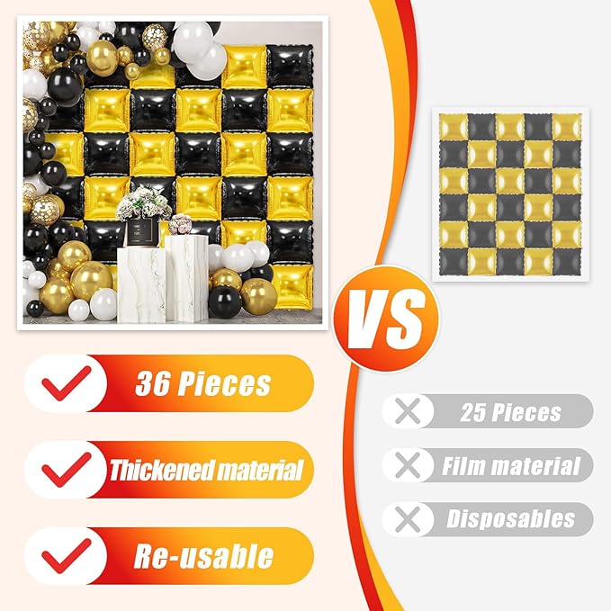 36 Piece XL Black and gold Double Sided Square Balloon Screen Tunnel Arch Kit Mylar Square Balloons For Baby Shower Graduation Prom Birthday Party Decorations