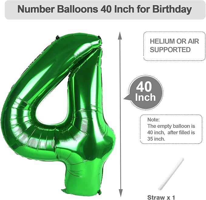 Number 4 Balloons, 40 Inch Foil 4 Balloons for Birthday Party Decoration, Dark Green Number 4 Ballon for 4, 14, 24, 54 Celebration, Birthday, Christmas, Anniversary Decor