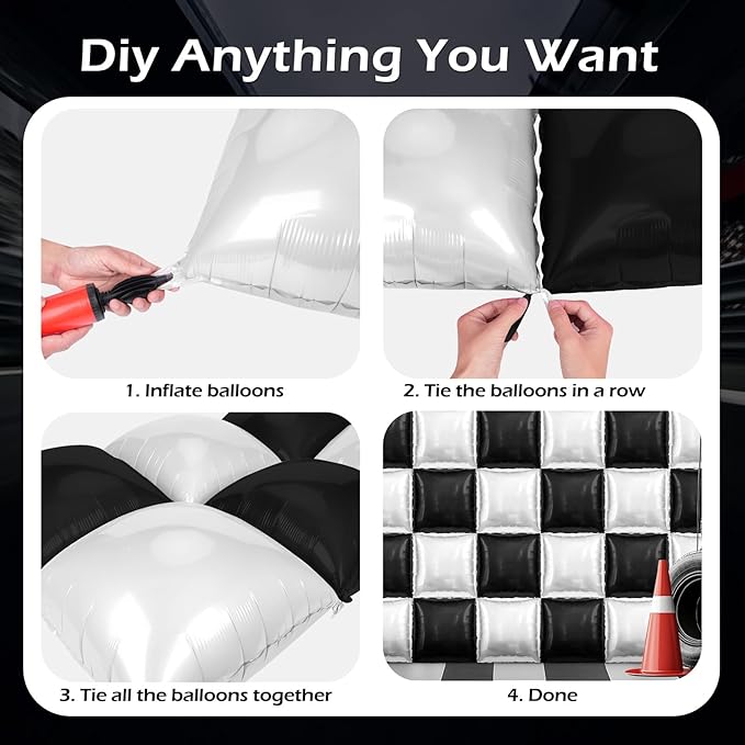 50 PCS Black and Pearl White Square Foil Balloons Wall Backdrop 19'' Reusable DIY Mylar Balloon Tunnel Arch Kit for Racing Birthday Baby Shower Wedding Bachelorette Party Background Decor