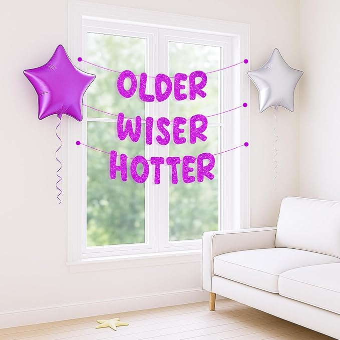 Pre-Strung Happy Birthday Banner Birthday Sign NO DIY Glitter Older Wiser Hotter Banner for Women Men 30th 40th 50th 60th 70th 80th Funny Purple Birthday Decorations (Purple)