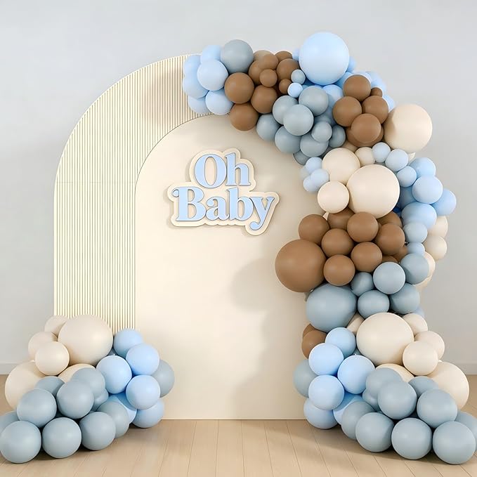 160Pcs Dusty Blue and Brown Balloon Garland Arch Kit Brown White Light Blue Balloons Balloons for Bear Baby Shower Gender Reveal Birthday Party Decorations