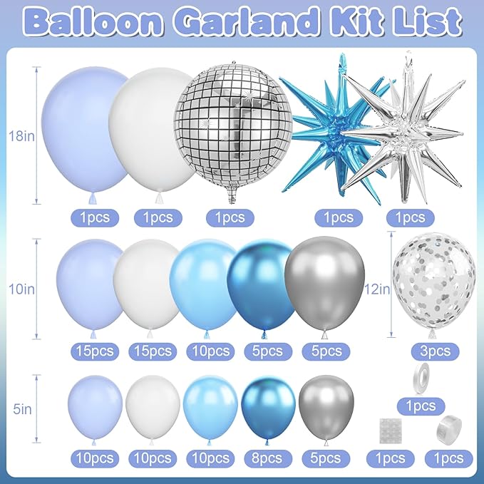 Blue White Silver Balloon Arch Garland Kit with Disco Ball Balloons Star Foil Balloons for Boys Men Disco Birthday Party Graduation Decorations