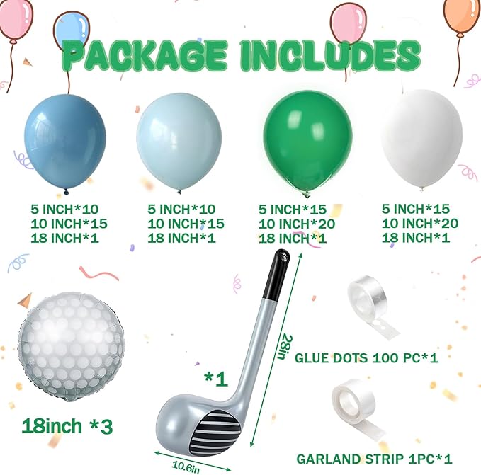Hole in One Balloon Garland Arch Kit 131 Blue Green White Latex Balloons with Golf Cart and Ball Foil Balloons for Hole in One First Birthday Golf-Themed Retirement Party Decoration
