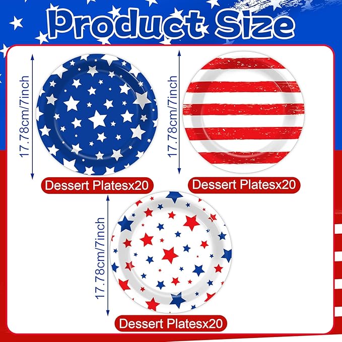 60pcs 4th of July Party Supplies Set American Flag Patriotic Party Paper Plates Disposable Red White Blue Star Dinnerware for Veterans Election Day 4th of July Independence Day Decorations Serve 60
