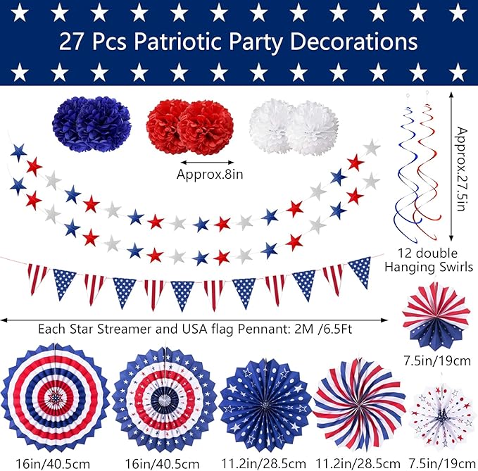 4th of July Patriotic Party Decorations 27 PCS Set, 6 Paper Fan, 6 Flower Ball, 1 USA Flag Pennant, 2 Star Streamer, 12 Swirl Streamer, Independence Day, Memorial Day, Veterans Day Decor Supplies