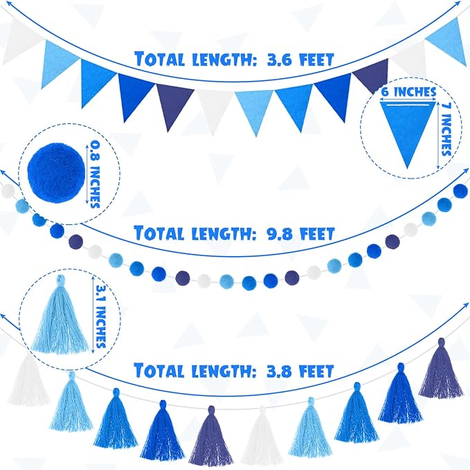 Irenare 9.8ft Pom Pom Garland Felt Rainbow Garland Graduation Party Decoration Colorful Pennant Tassel Banner Birthday Baby Shower Triangle Banner for Classroom School Mantel Fireplace(Blue)