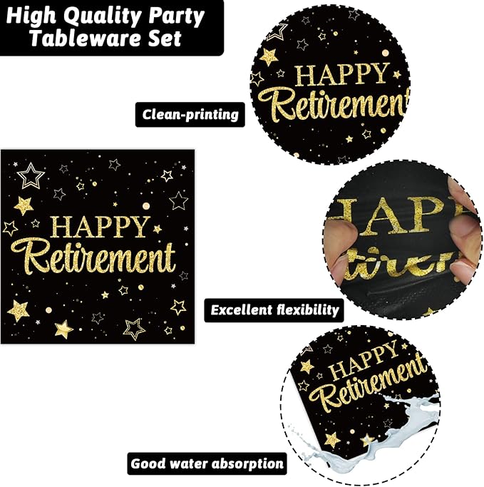 50 Guests Retirement Party Decorations Retirement Plates Napkins Set Happy Retirement Black and Golden Disposable Dinnerware Tableware Graduations Decorations Supplies Favors for Women Men, 200Pcs