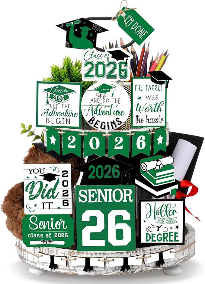 22 Pcs 2026 Graduation Tiered Tray Decor Sets Wooden Graduation Class of 2026 Table Decorations Senior 2026 Gown Diploma Farmhouse Signs for Home Shelf Party Office Desk(Green)