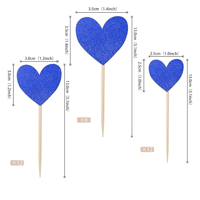 30 PCS Love Heart Cupcake Toppers Glitter Bridal Shower Sweet Love Cupcake Picks for Wedding Engagement Valentine's Day Baby Shower Birthday Party Cake Decorations Supplies Deep Blue