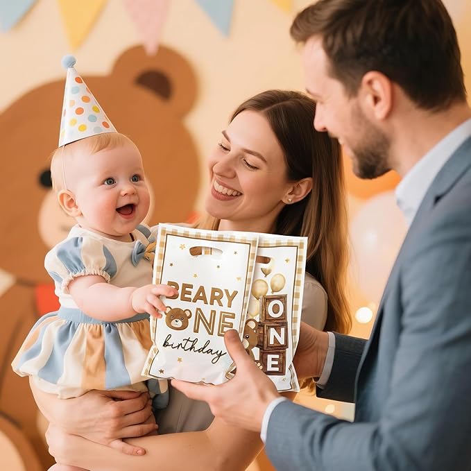 Beary First Birthday Party Favor Bag 50Pcs Brown Bear Sweet Goody Candy Treat Gift Bags Beary One My 1st Birth Day Theme Party Decorations for Kids One Year Old Birthday Supplies