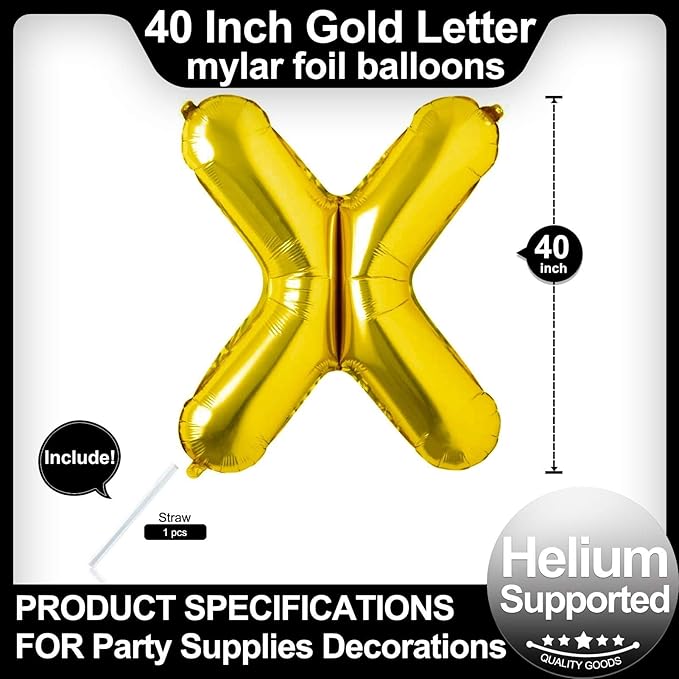 40 Inch Gold Letter X Balloons, DIY Phrase Foil Alphabet Letter X Balloons DIY Word X Banner for Birthday Anniversary Celebration Graduation Party Supplies Decoration