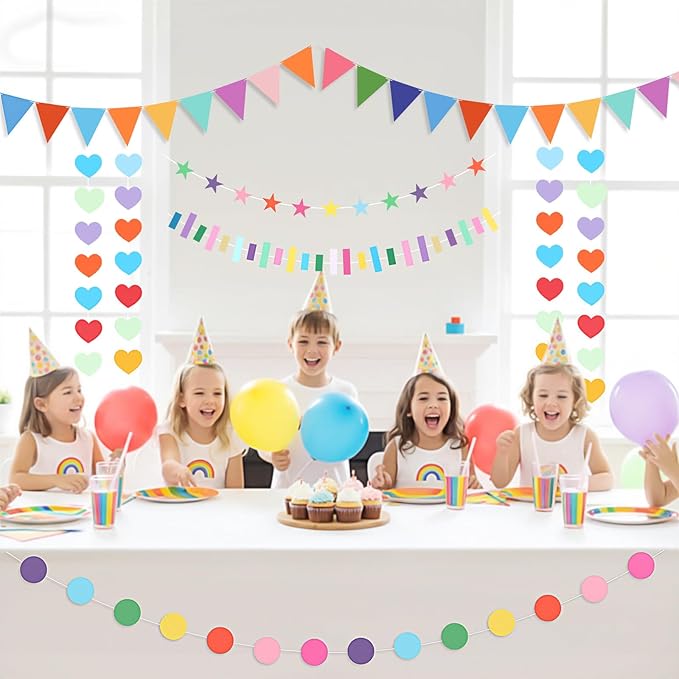Tiamon 6 Pcs Rainbow Garland Banners Easter Tree Decoration Include Star Circle Dot Heart Rectangular Garland Colorful Pennant Banner Pre-Strung Hanging Banner for Birthday Classroom Party Decor