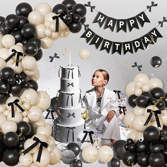 Black and Sand White Balloon Arch Kit 141 Pcs Coquette Birthday Decorations Include Balloons and Black Bow for Wedding Baby Shower Gender Reveal Bow Birthday Decorations