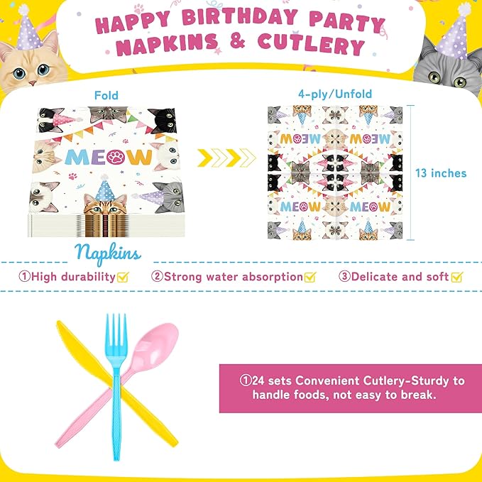 Cats Happy Birthday Party Plates Set, 168PCS Cats Themed Paper Plates Napkins Cups and Colorful Cutlery Set, 24 Set Cat Disposable Tableware Set for Birthday Party Supplies