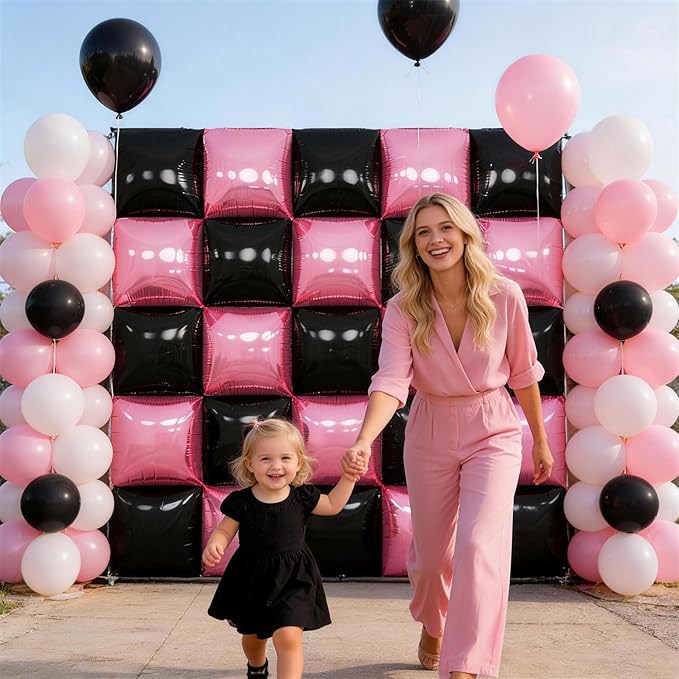 Pink Black Square Foil Balloon Wall,25Pcs Double Sided Foil Balloons Backdrop Helium Polyester Tunnel Arch Garland Kit for Birthday Bridal Anniversary Baby Shower Party Decorations