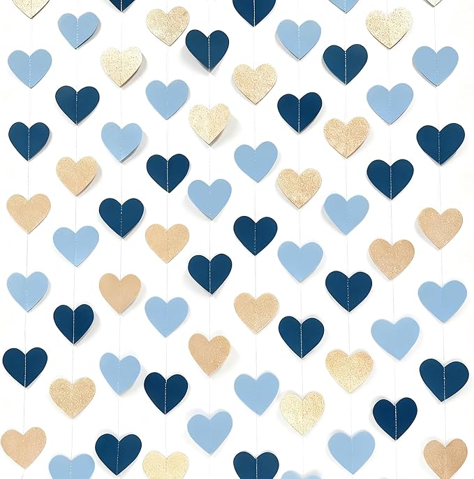Navy Blue Champagne Gold Heart Party Decorations Glitter Paper Champagne Gold Dusty Blue Love Heart Hanging Garland Banner Streamer for Baby Shower Birthday Anniversary Valentines Day Wedding Party
