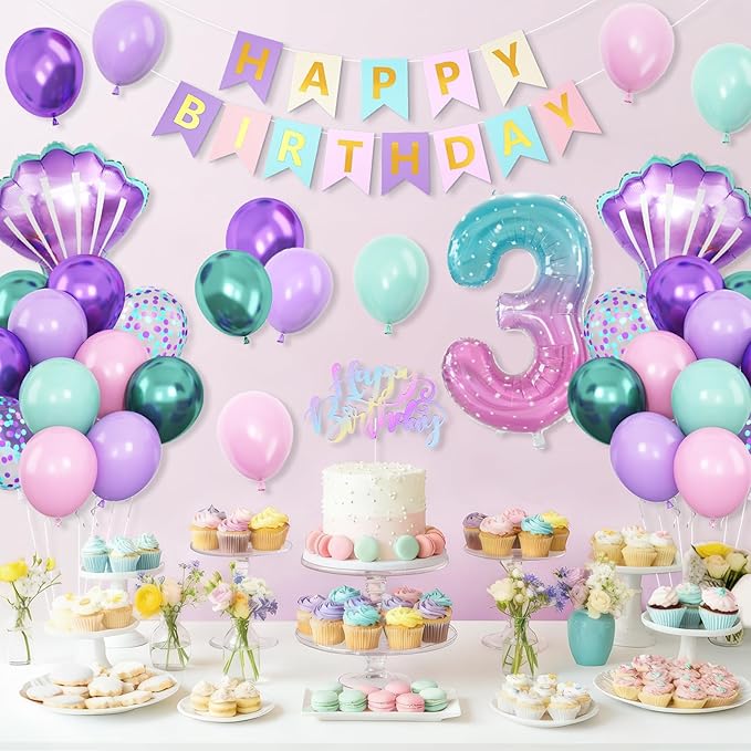 Mermaid 3rd Birthday Decorations for Girls,3rd Party Decorations Metallic Purple Green Pink Blue Latex Balloons Number 3 Seashell Foil Balloons Banner Cake Topper Sea Party Decor