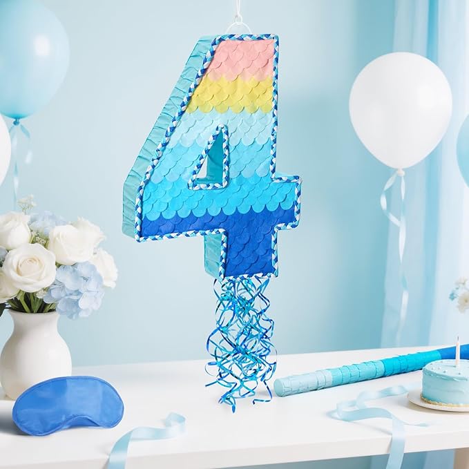 WERNNSAI Number 4 Piñata - Ombre Blue Number Piñata with Blindfold Stick Birthday Party Game for Kids Boys Girls 4th Birthday Party Decorations （16.3" x 11.6" x 3")