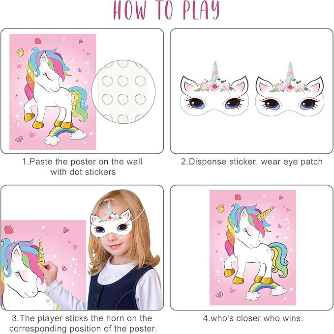NEBURORA Pin The Horn on The Unicorn Birthday Party Game with 30 Horns for Party Supplies Favors Girls Rainbow Christmas Party Decorations Home Wall Decor