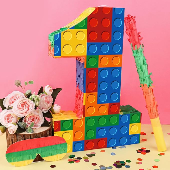 Number 1 Pinata Building Blocks with Pinata Stick Blindfold 1st Birthday Party Decorations for Kids Happy Birthday Building Block Theme Anniversary Party Supplies (Small, 16 x 10.6 x 3 In)