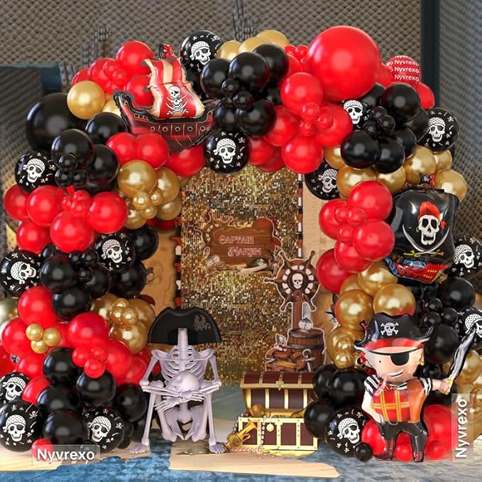 Pirate Birthday Party Decorations, 142Pcs Red Black Metallic Gold Balloon Garland Arch Kit with Pirate Ship Foil Mylar Balloon for Halloween Pirate Summer Sea Sailing Adventure Ocean Theme Party