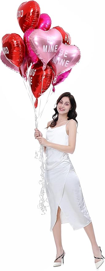 12 pcs Heart Balloons,18" Foil Love Balloons Mylar Balloons, XOXO LOVE SWEET BE MINE heart balloons Valentines Day Decorations Balloons for Propose,Wedding Décor Backdrop & Party Supplies (TEXT HEART)