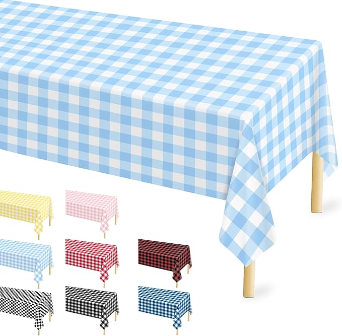 4 Pcs Light Blue Checkered Tablecloth 54 ×108 Inches Rectangle Blue Gingham Tablecloth Disposable Plastic Waterproof Table Cover for Outdoor Picnic, Kitchen, Holiday Birthday Party