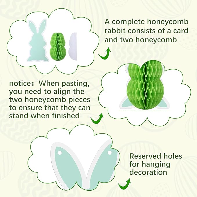 6 Pcs Easter Bunny Honeycomb Decorations Honeycomb DIY Table Centerpieces Set Colorful Spring Easter Ornaments for Bunny Themed Birthday Garden Egg Hunt Party Supplies