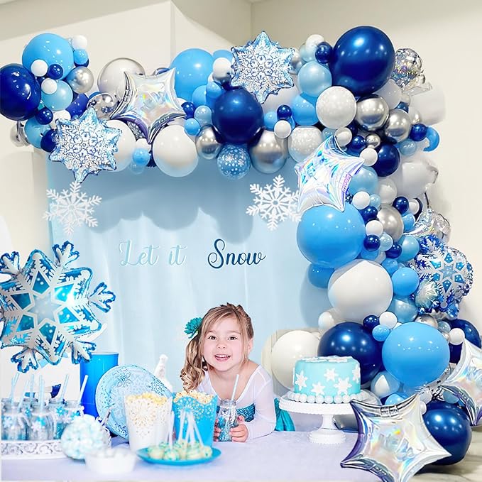Winter wonderland balloon garland arch kit 140pcs Navy Blue White Silver with mylar snowflake star balloons for winter 1st birthday Boy baby shower snow queen Merry Christmas theme party decorations