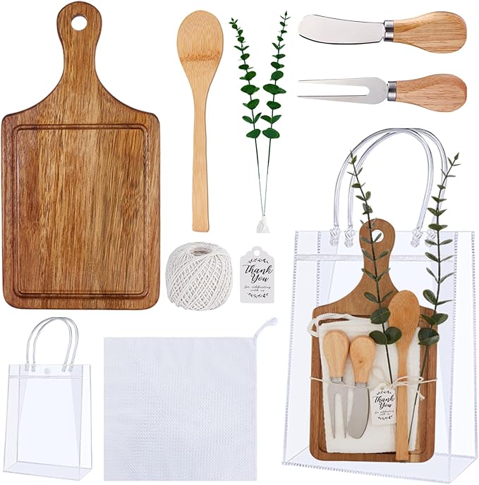 Baby Shower Prizes for Game Winners Wooden Square Cheese Board Gift With Spoon Fork Butter Spreaders Mini Cutting Board Bulk for Wedding Bridal Shower Favors (Acacia, 1 Set)