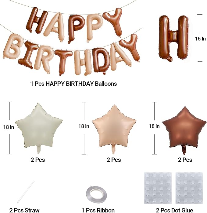 KALOR Brown and Beige Happy Birthday Balloons Kit with 16 Inch Mylar Foil Letters Balloon and Star Balloons for Birthday Party Decorations Photo Booth Backdrop