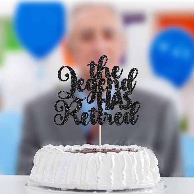 Gyufise 1Pc The Legend Has Retired Cake Topper Glitter Happy Retired Cake Pick Decorations for Funny Old Birthday Retirement Party Cake Decorations Supplies Black