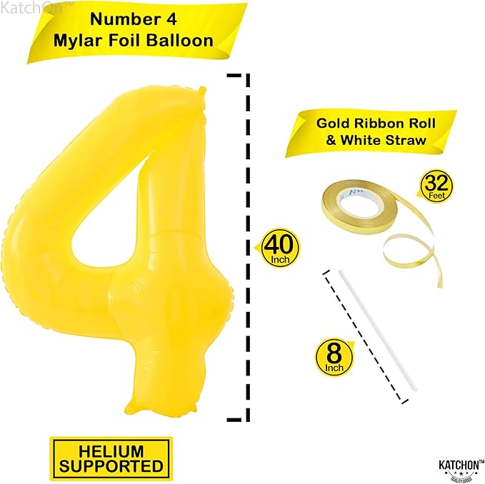KatchOn, Yellow Number 4 Balloons - Giant, 40 Inch | 4 Number Balloons, 4 Year Anniversary | 4 Year Old Balloon | 4th Birthday Decorations for Boys | 4th Anniversary Decorations