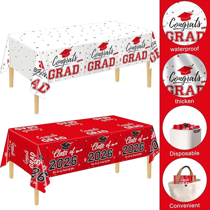 Oigco 2026 Graduation Decorations, 2 Pack Red Graduation Tablecloths Class of 2026, Congrats Grad Plastic Table Cloths for Graduation Party Decorations, 54 x 108 Inch