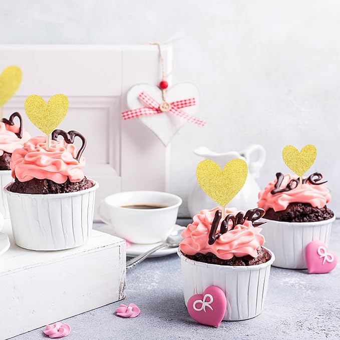30 PCS Heart Cupcake Toppers Glitter Sweet Love Theme Cupcake Picks Wedding Engagement Bridal Shower Birthday Valentine's Day Party Cake Decorations Supplies Mixed Size Gold