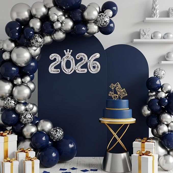 TONIFUL 2026 Silver Crown Foil Number Balloons 16 Inch Silver Number Banner 2026 Graduation Aluminum Foil Mylar Balloons for New Year Eve Christmas Anniversary Party Supplies