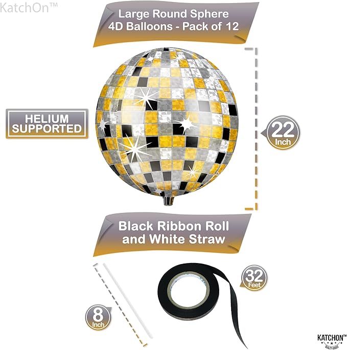 KatchOn, Huge Disco Ball Balloons -22 Inch, Pack of 12 | Black And Gold Disco Balloons for Disco Party Decorations | 360 Degree 4D Sphere Disco Balloon | Graduation Decorations 2025