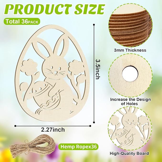36PCS Wooden Easter Ornaments to Paint, 6 Styles DIY Blank Unfinished Wood Egg Cutouts Ornament for Crafts Hanging Decorations Happy Easter Hallow Egg Rabbit Bunny Butterfly Flower Hen