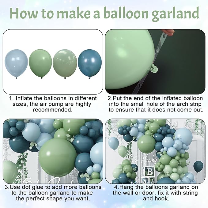 Blue and Green Balloon Arch Kit 107Pcs Dusty Blue Sage Green Balloons Garland Retro Slate Haze Fog Pale Gray Birthday Party Balloons for Boys Rustic Navy Woodland Jungle Baby Shower Decorations