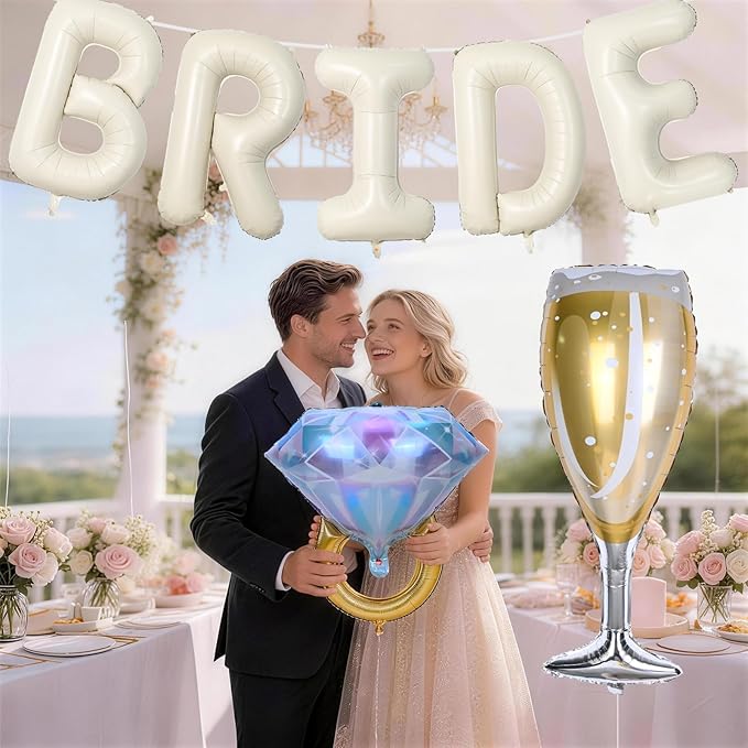 40inch Cream Bride Balloons Bachelorette, Bride To Be Bridal Shower Balloon Diamond Ring Champagne Glass Foil Balloons for Bachelorette Bridal Shower Engagement Wedding Hen Night Room Party Decoration
