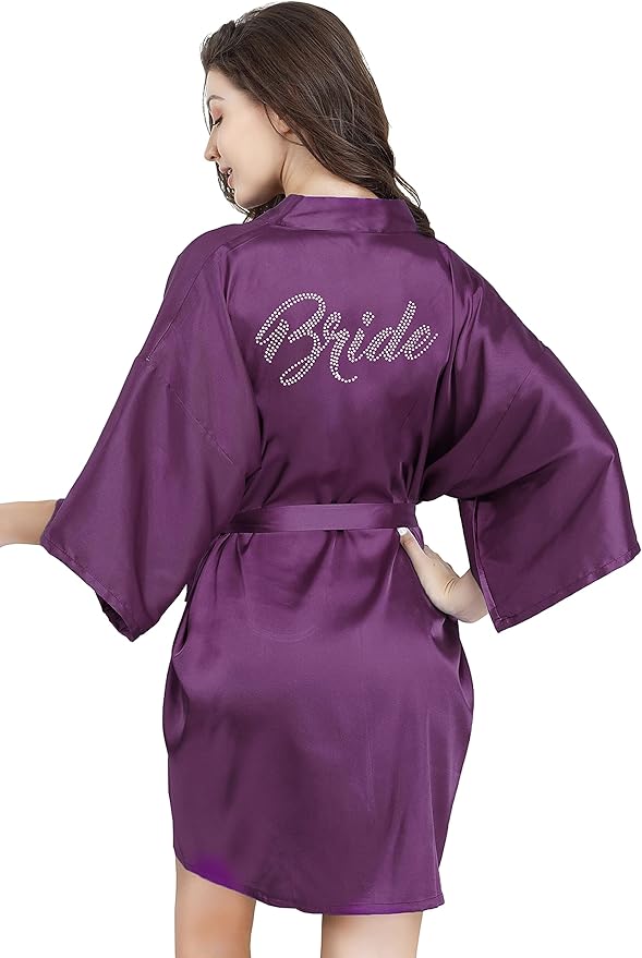EPLAZA Women's One Size Silver Rhinestones Bride Bridesmaid Short Satin Robes for Wedding Party Getting Ready