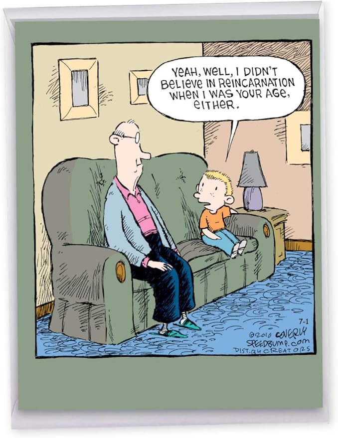 NobleWorks - 1 Big Funny Birthday Card Cartoon (8.5 x 11 Inch) - Jumbo Comic Humor, Group Greeting Card with Envelope - Reincarnation J2671BDG